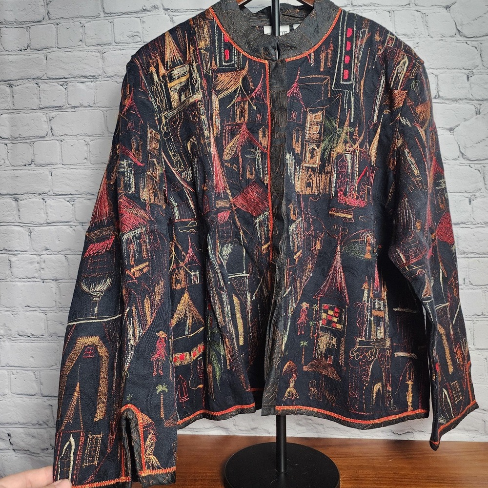 XL |‎ Black with Red Artsy Embroidered Town Buildings Jacket by Chico's